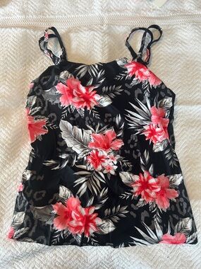 Ladies 2pc Black and Pink Floral Cami Swim Top and swim skirt Size 12